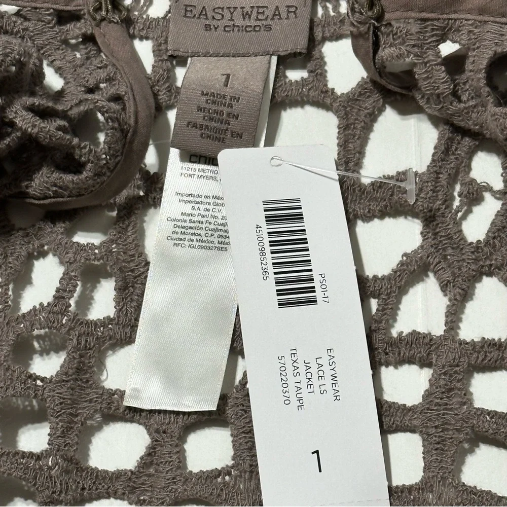 Chico’s Easywear Crochet Lace Long Sleeve Texas Taupe Cotton Cardigan Jacket NWT - Picture 9 of 16